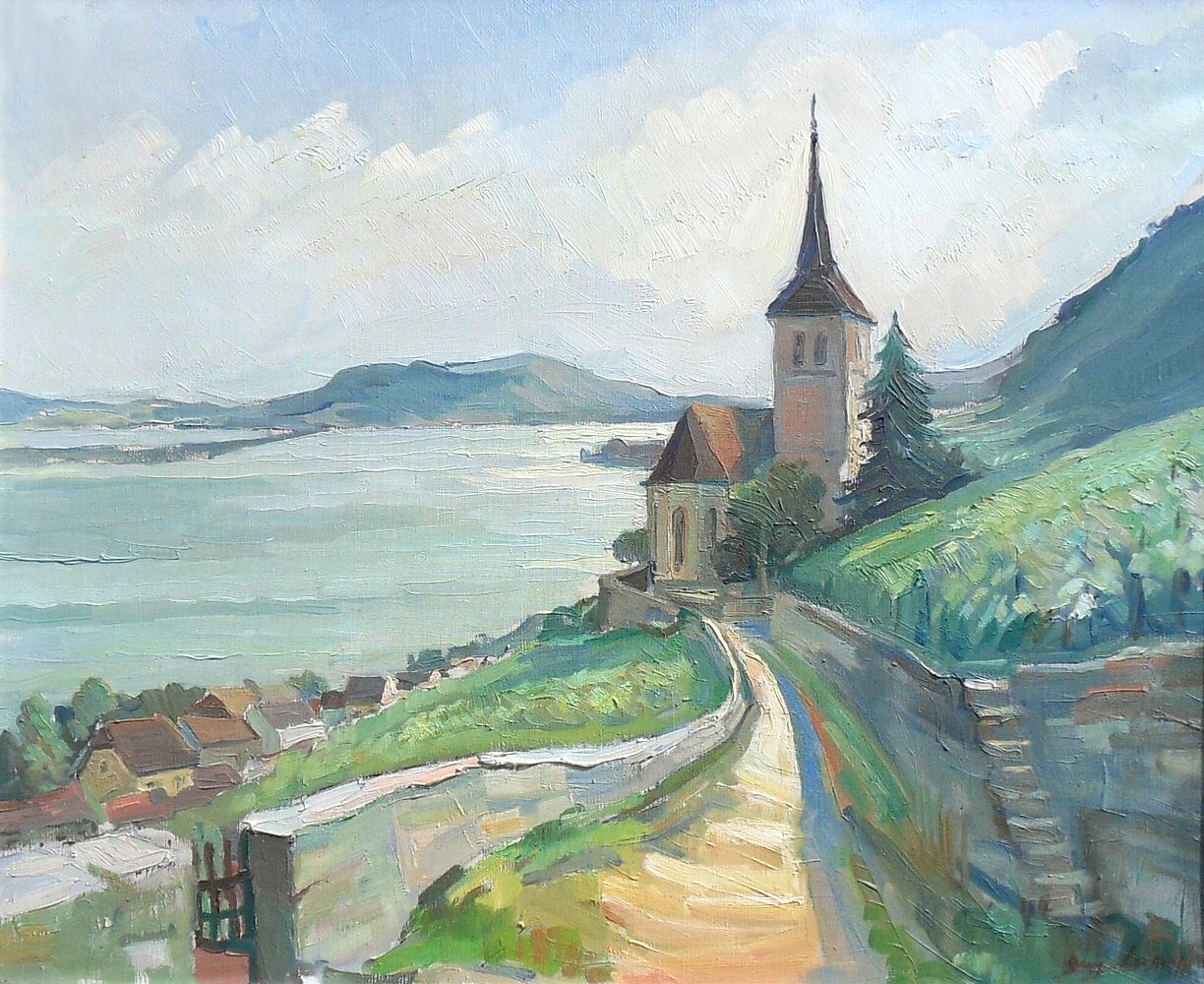 Eglise de Ligerz/Gléresse et le lac de Bienne par le peintre français Guy Lamy (1914-2000)