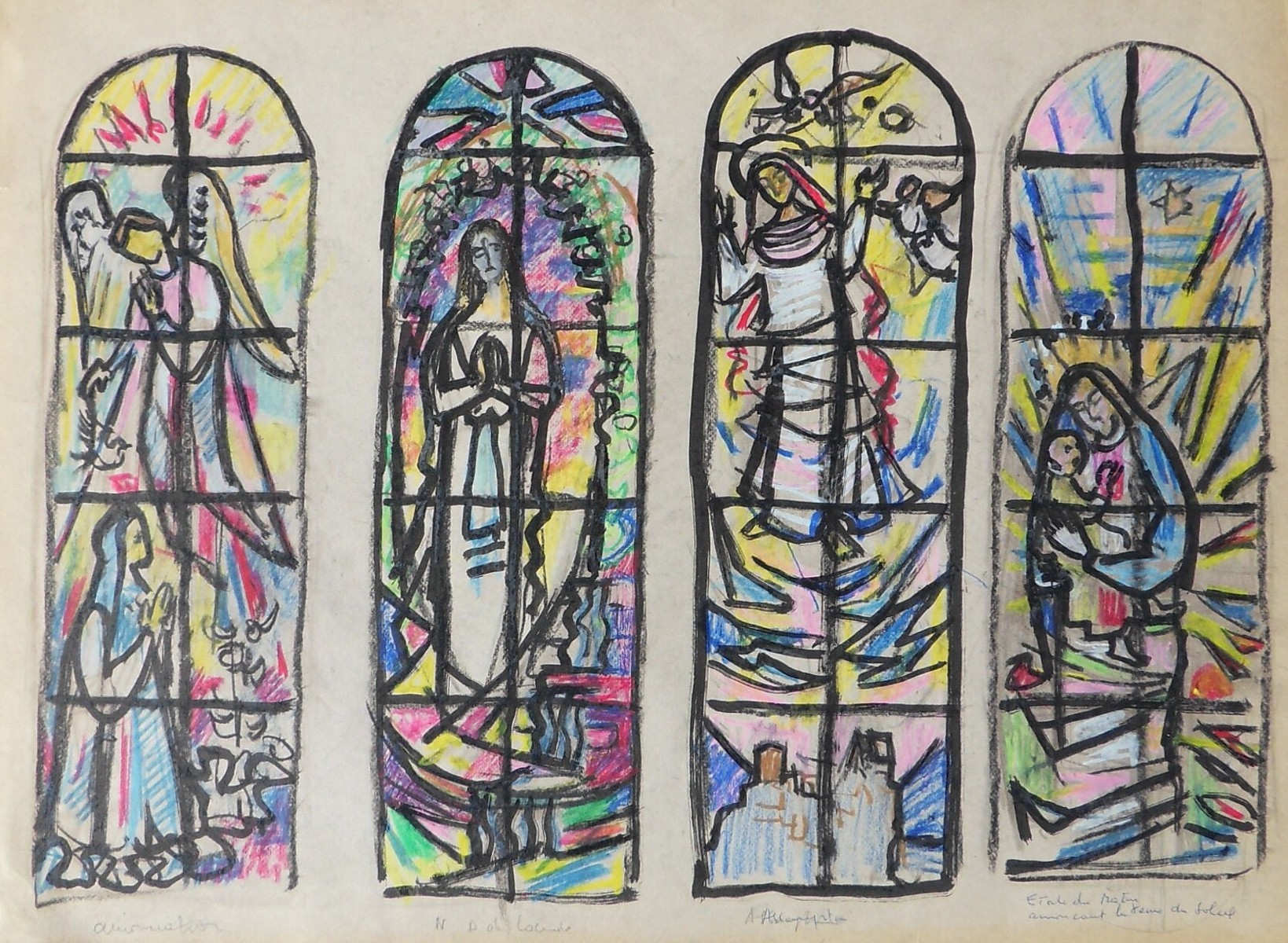 Maquette de Guy Lamy pour la réalisation de 4 vitraux à Pleujouse